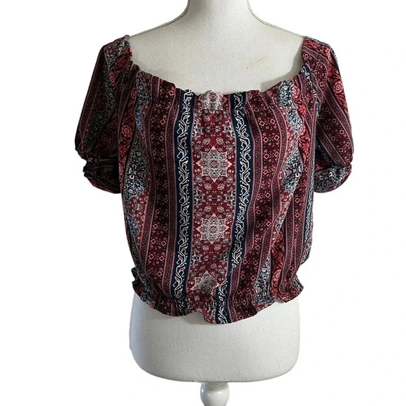 Hype Cropped Top Medium Off The Shoulder Striped Floral Boho Short Sleeve Womens - Picture 1 of 5